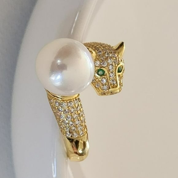 925S Genuine 10 mm Freshwater Pearl Adjustable Gold Ring With Leopard Design - Picture 3 of 16